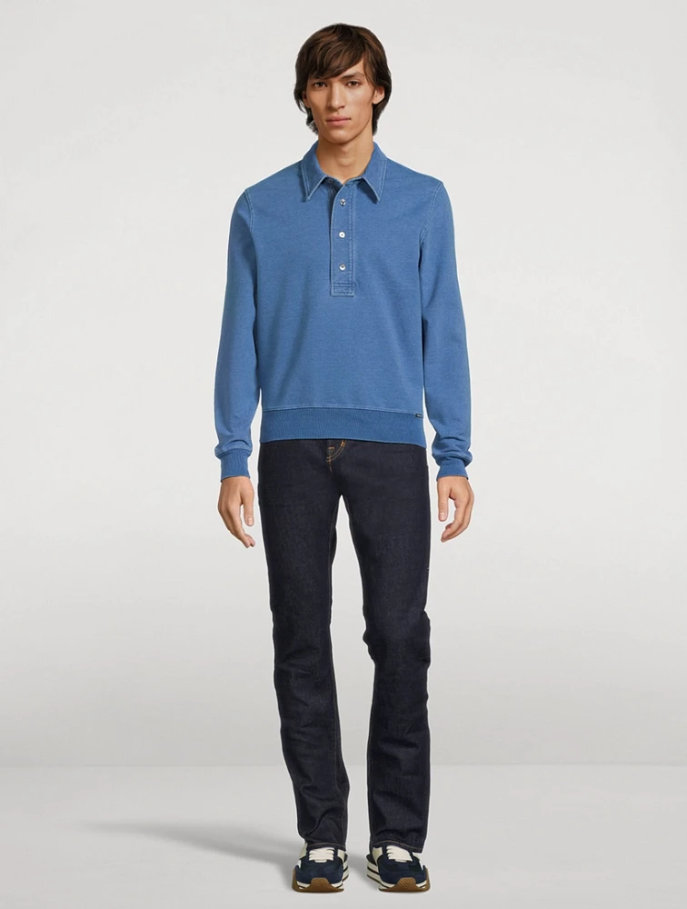 Cotton Jersey Long-Sleeve Polo Sweater