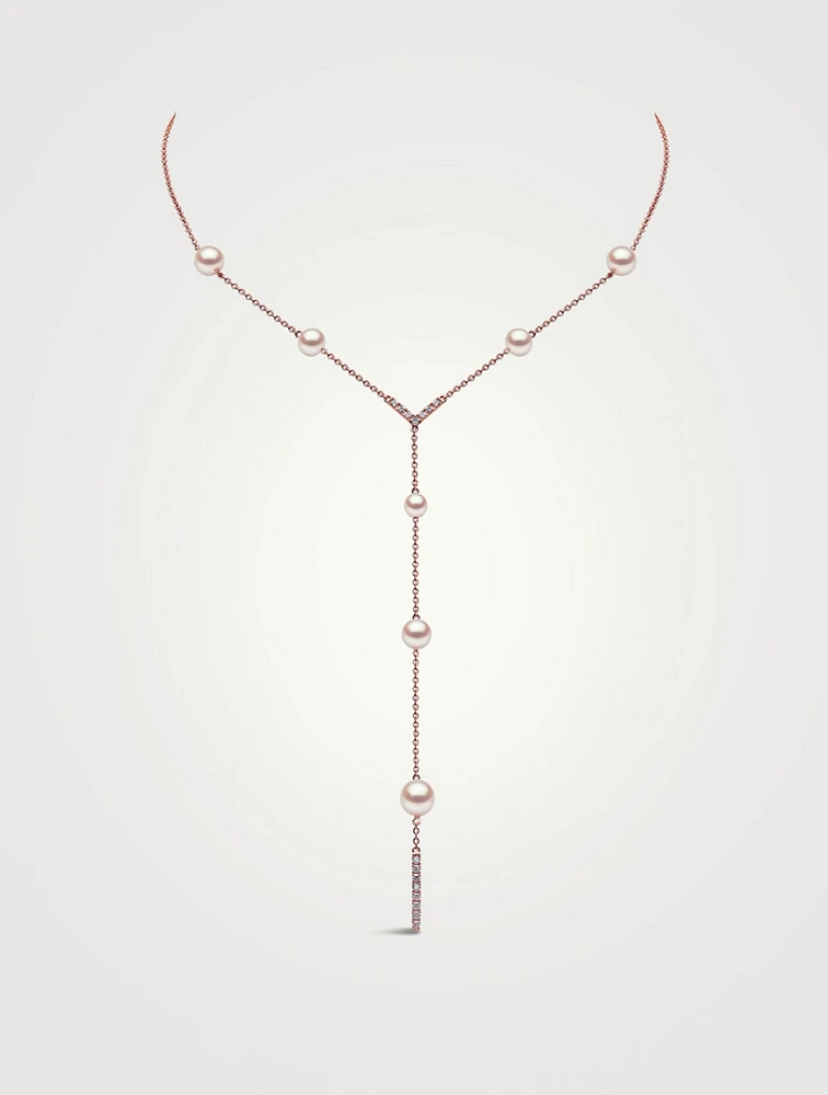 Trend 18K Rose Gold Pearl And Diamond V Necklace
