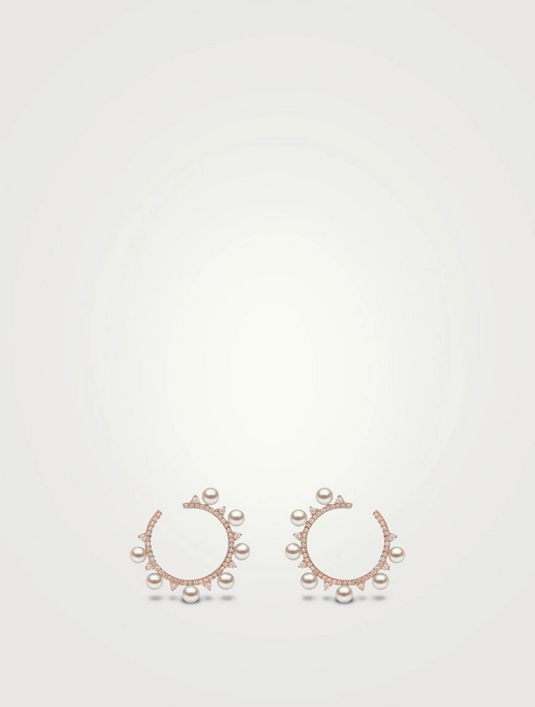 Sleek 18K Rose Gold Akoya Pearl And Diamond Circle Earrings