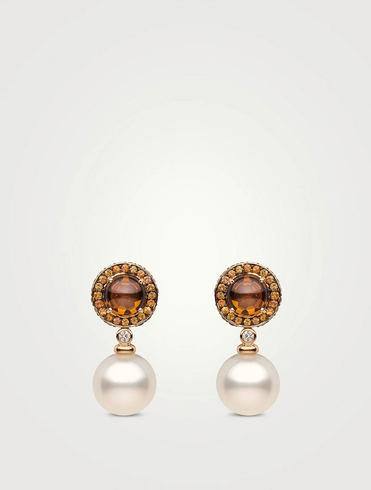 18K Rose Gold Pearl And Diamond Earrings With Gemstones