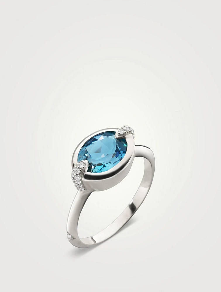 Points North Silver Oval Blue Topaz Ring With White Sapphire