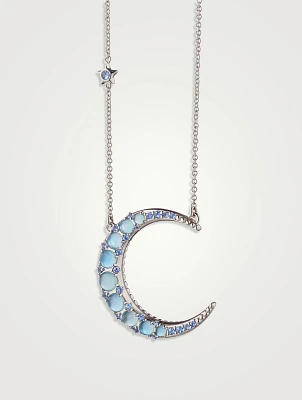 Silver Crescent Moon Necklace With Blue Topaz And White Sapphire