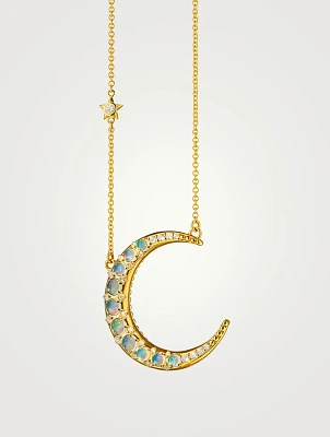 18K Gold Opal Crescent Moon Necklace With Diamonds