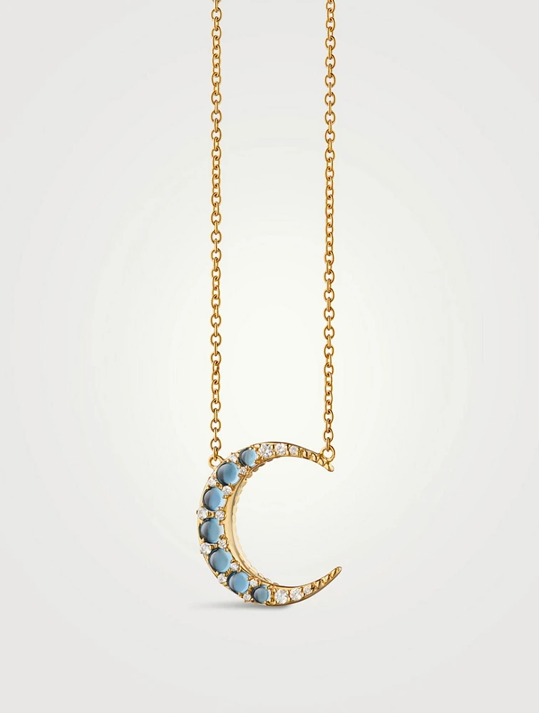 Aquamarine 18K Gold Crescent Moon Necklace With Turquoise And Diamonds