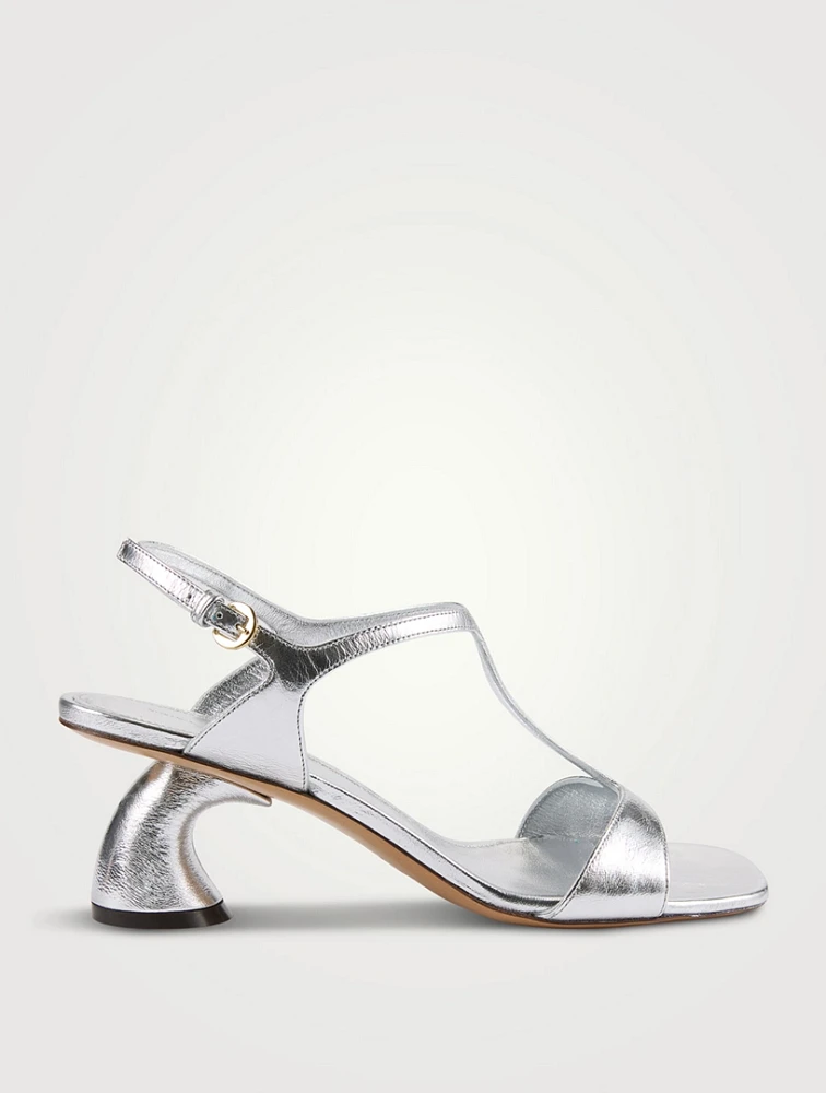 Curved-Heel Metallic Leather Sandals
