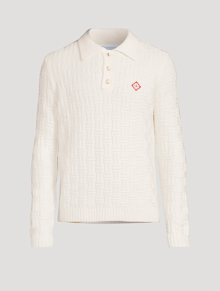 Stretch Wool Column-Knit Polo Sweater