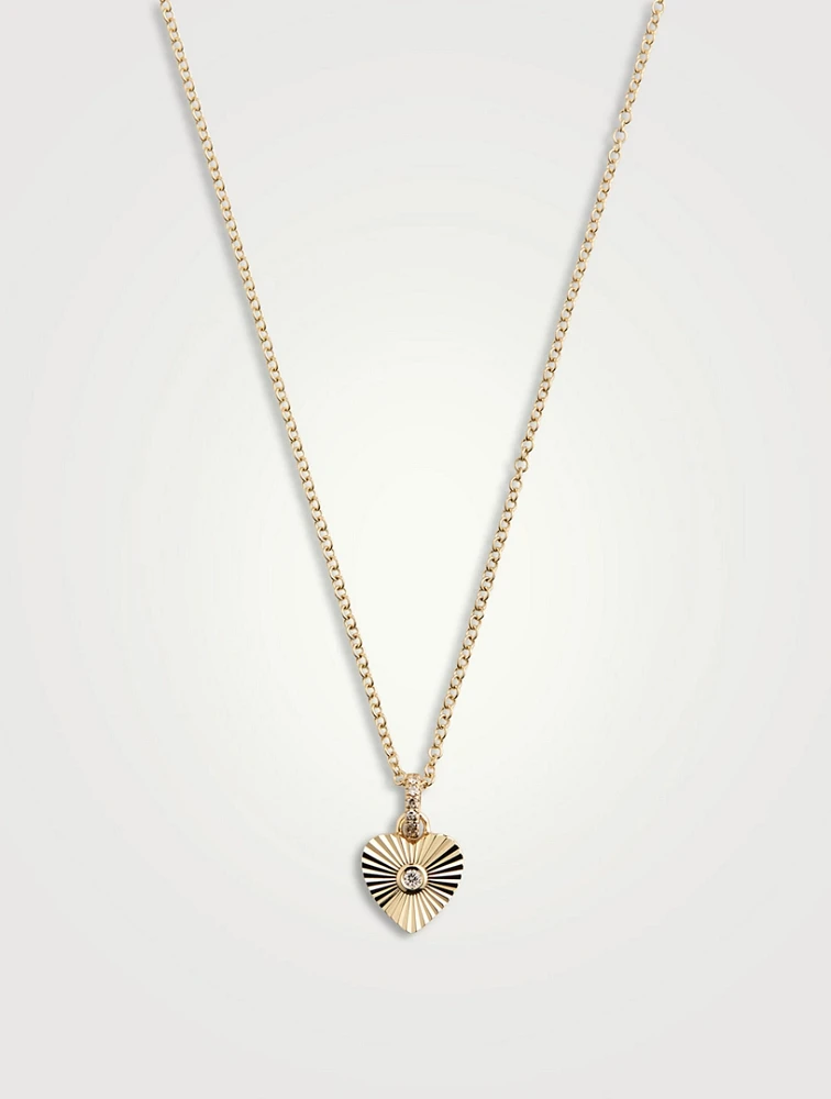 14K Gold Fluted Heart Peddant Necklace With Diamonds