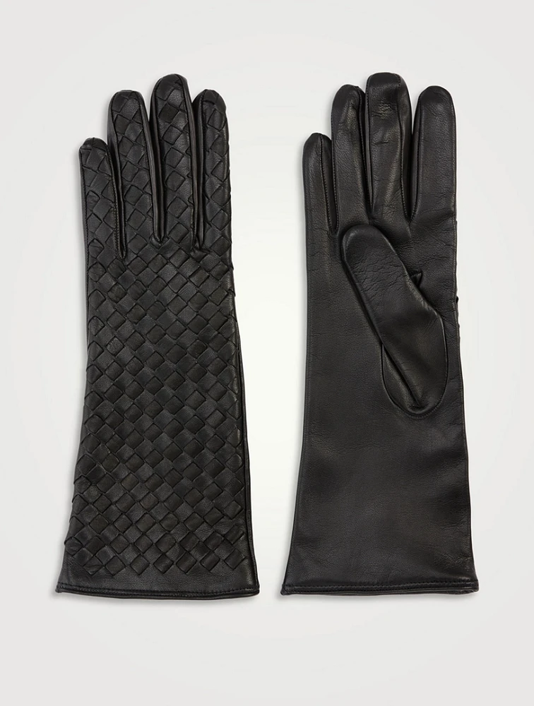 Four-Button Woven Leather Gloves