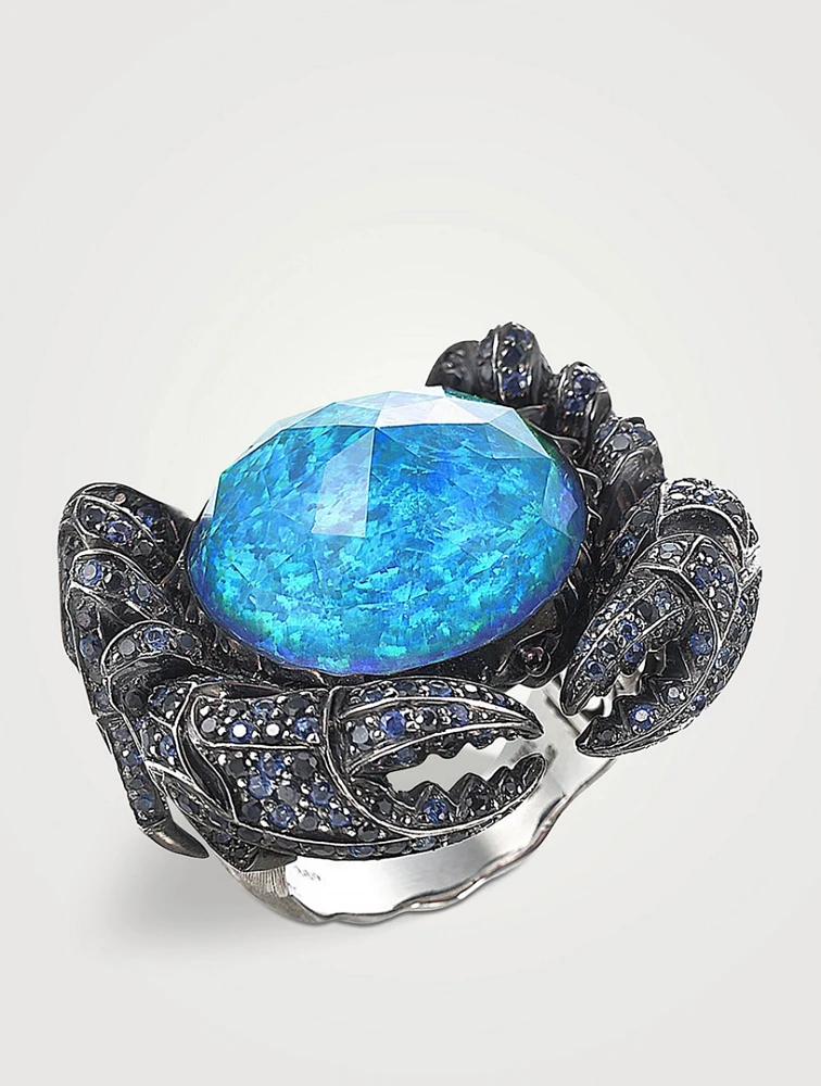 Jewels Verne 18K Recycled White Gold Crab Crystal Haze Ring With Diamonds And Gemstones