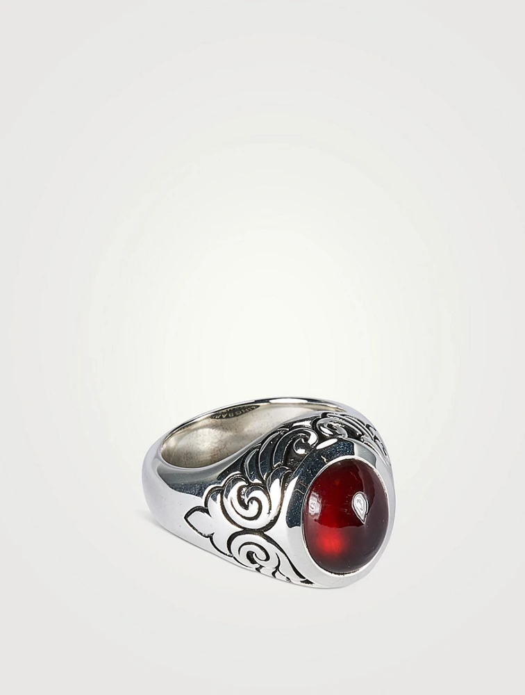 Silver Ring Garnet Oval Stone With Wing Detail