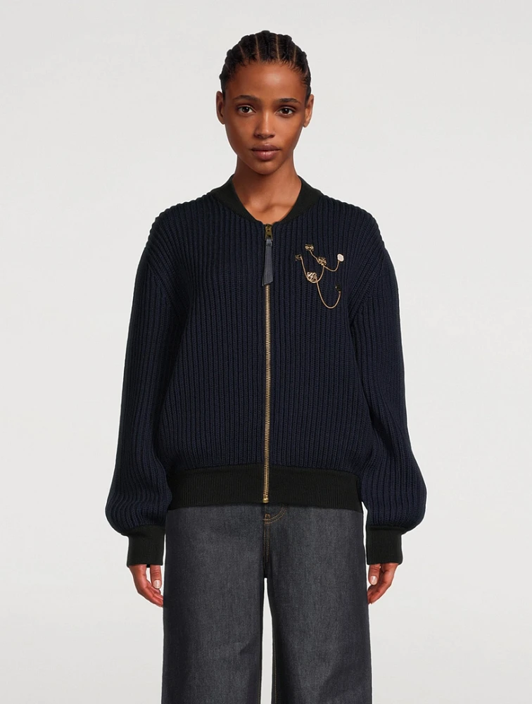 Chain-Embellished Knit Bomber Jacket
