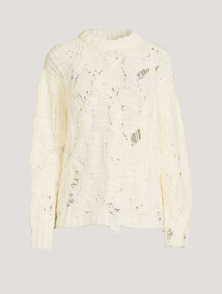 Distressed Cable-Knit Wool Sweater