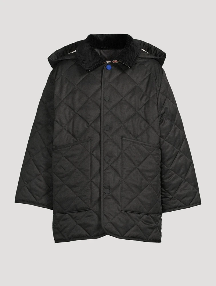 Check-Lined Quilted Coat With Hood
