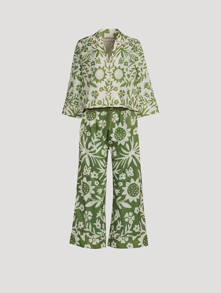Boxy Shirt And Wide Leg Pajama Set Placed Fabelei Print