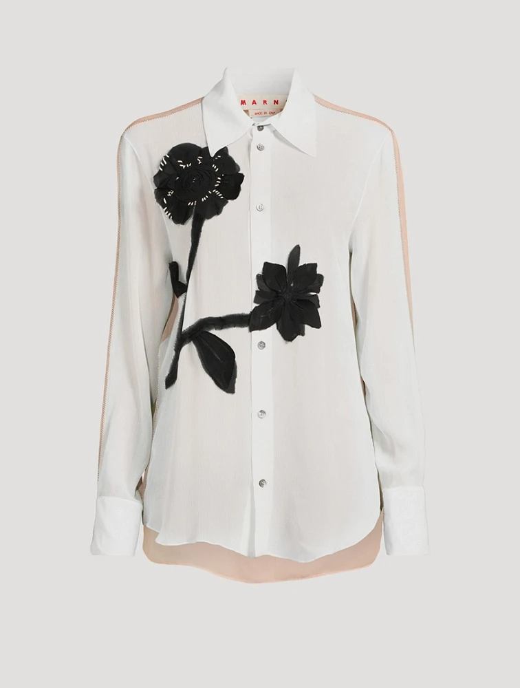 Floral Appliqué Silk Crepon Shirt