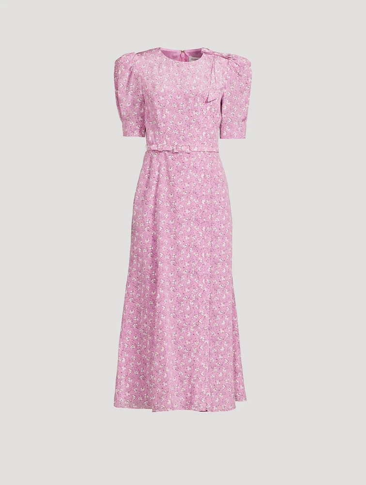 Belted Silk Midi Dress Clover Print