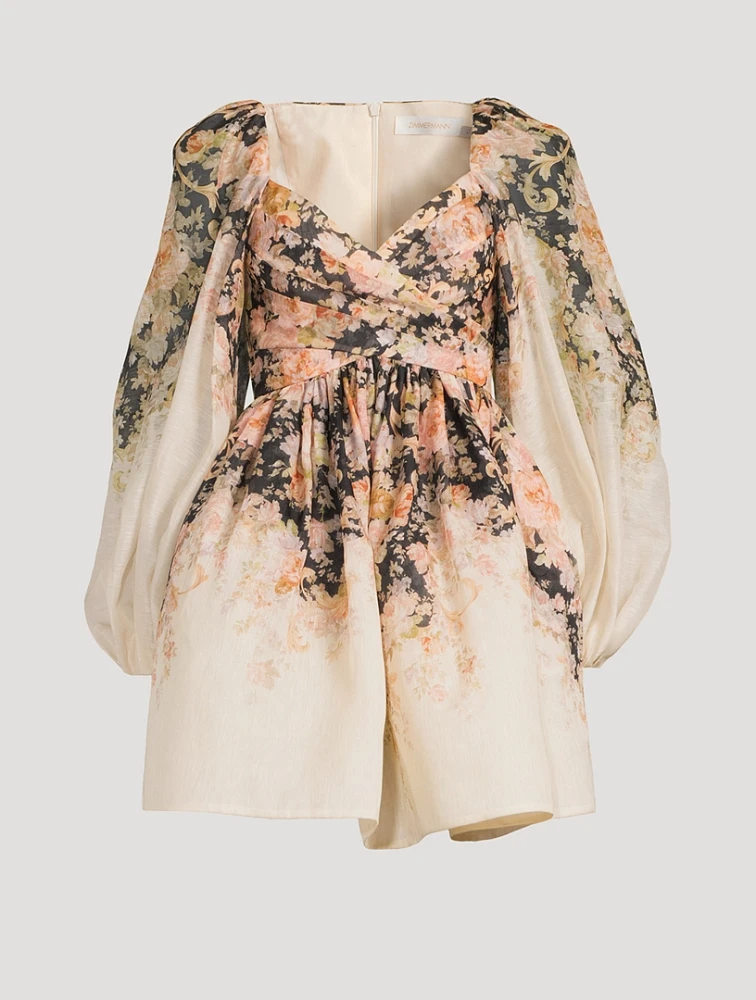 Illustration Puff-Sleeve Mini Dress Floral Print