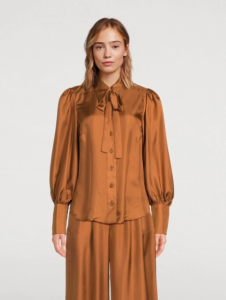 Illustration Tie-Neck Silk Blouse