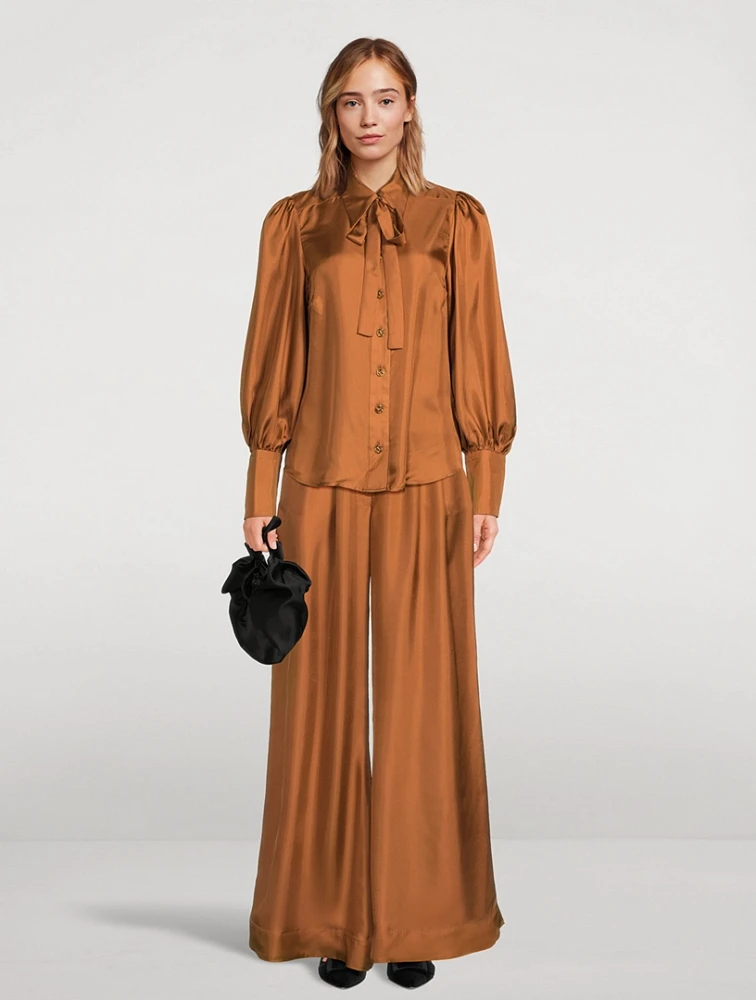 Illustration Tie-Neck Silk Blouse