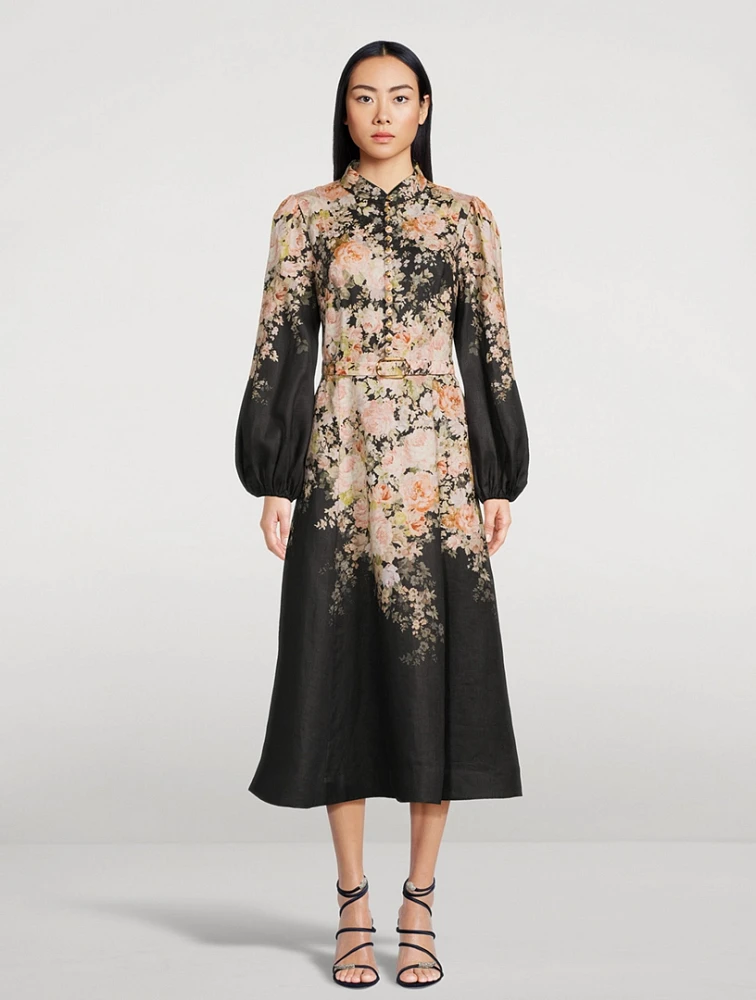 Illustration Puff-Sleeve Midi Dress Floral Print