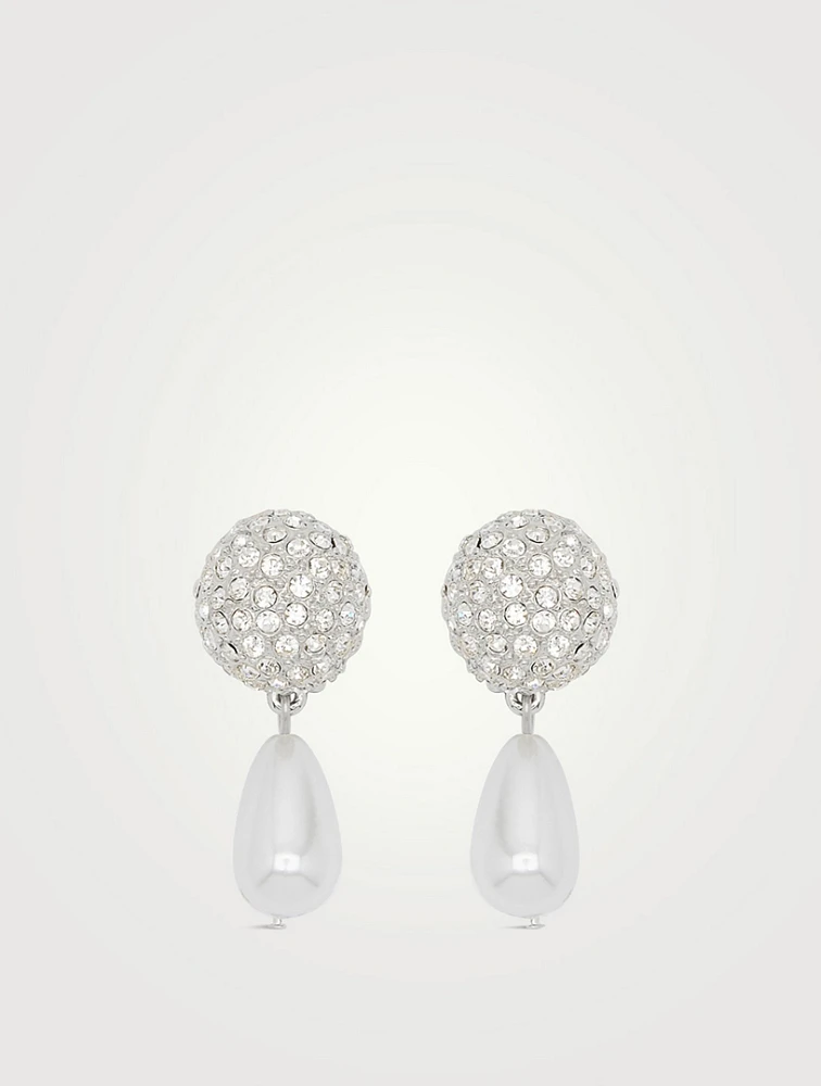 Clip-On Crystal Ball Earrings With Faux Pearl Drops
