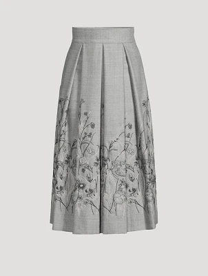 Floral-Embroidered Pleated Midi Skirt