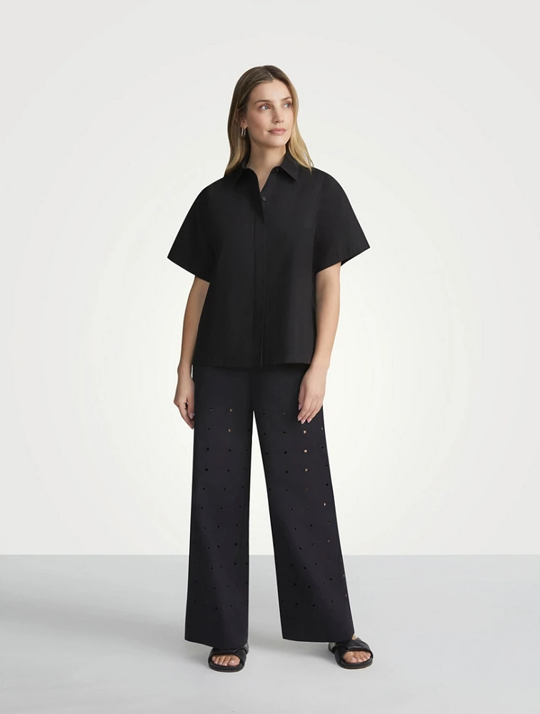 Riverside Eyelet Organic Poplin Wide-Leg Trousers
