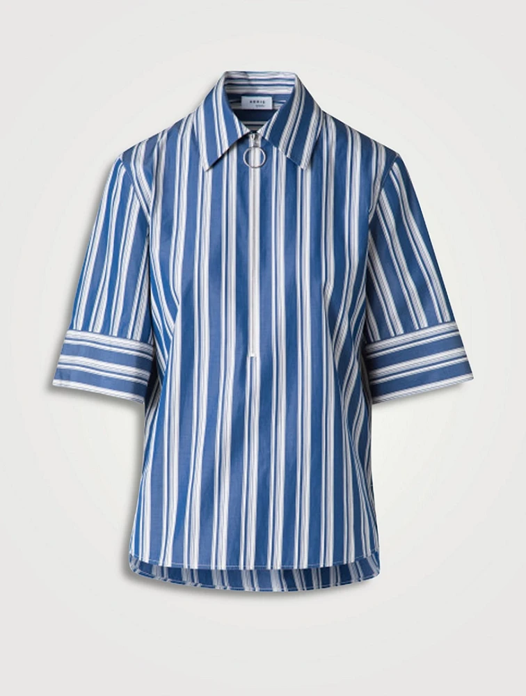 Half-Zip Poplin Blouse Stripe Print