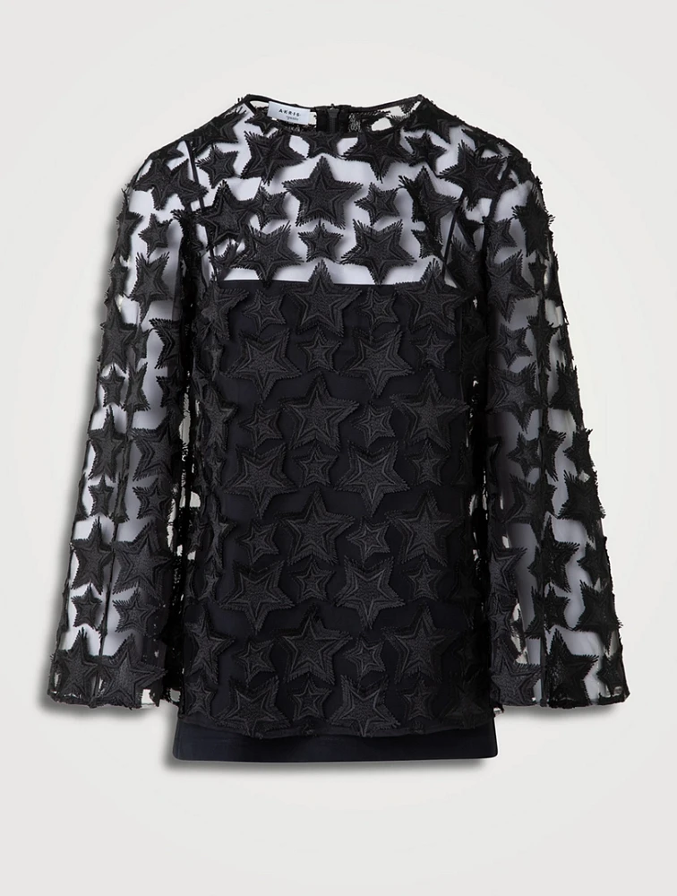 3D Star-Embroidered Tulle Blouse