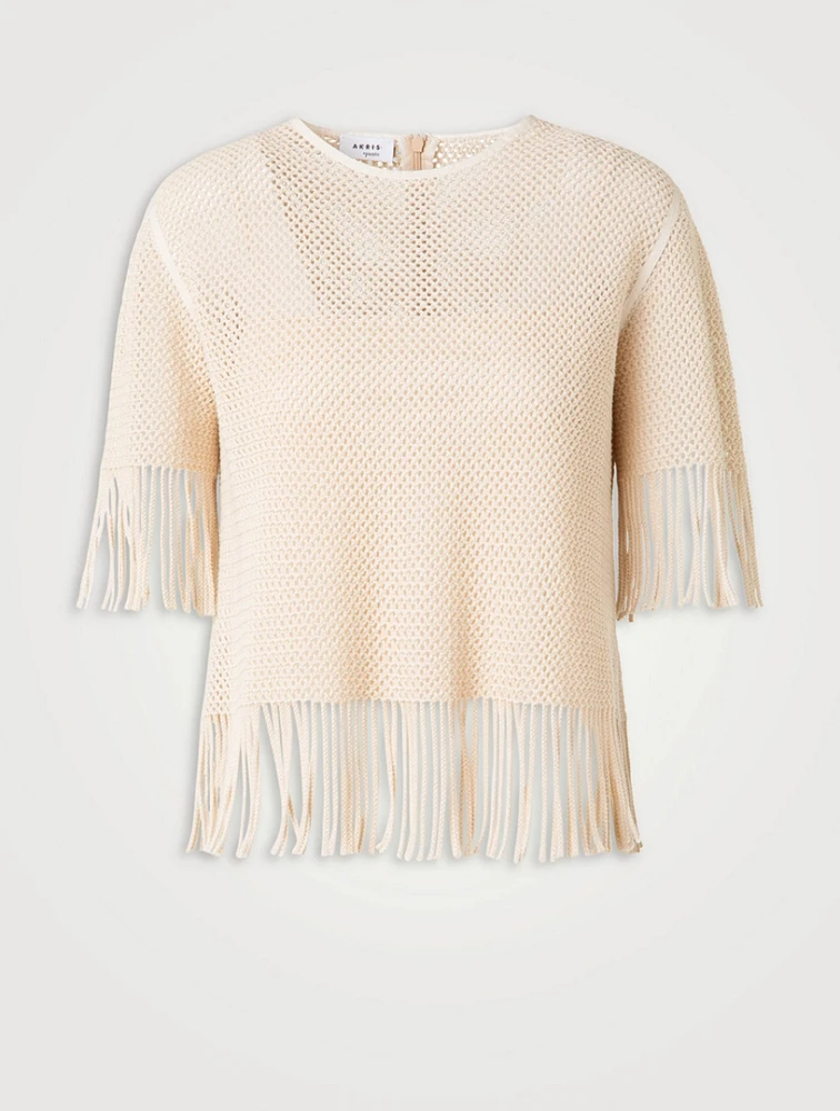 Fringe-Trimmed Mesh T-Shirt
