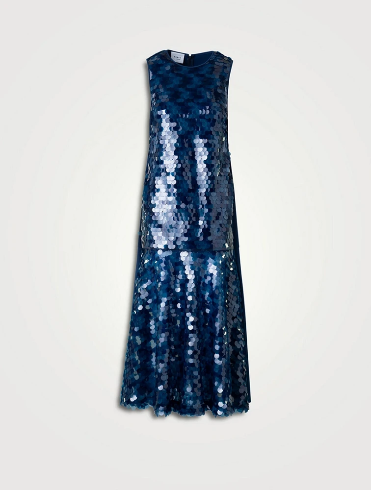 Sequin-Front Sleeveless Midi Dress