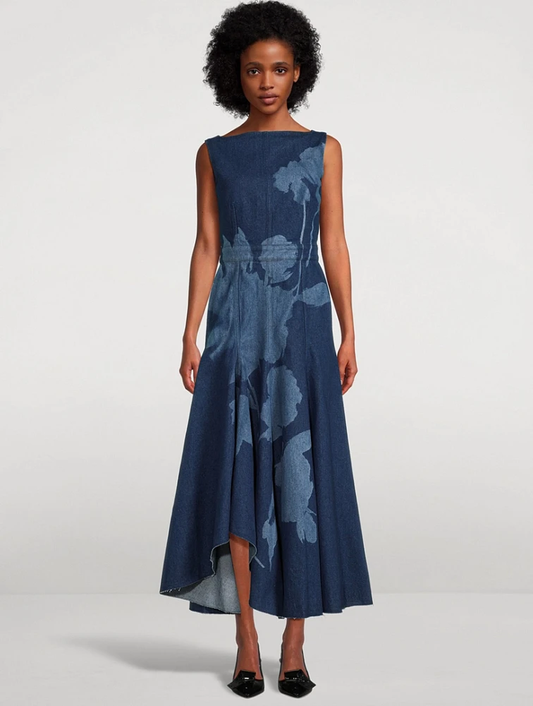 Denim Midi Dress Floral Print