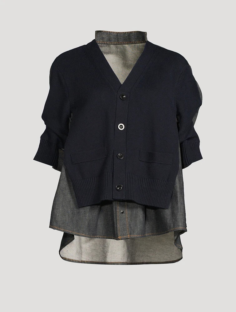 Mixed-Media Cardigan With Denim Shirt