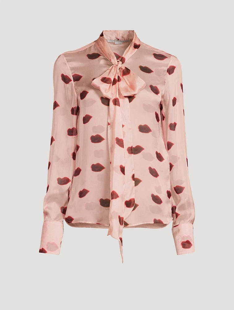 Silk Tie Neck Blouse Lips Print