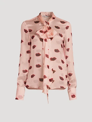 Silk Tie Neck Blouse Lips Print