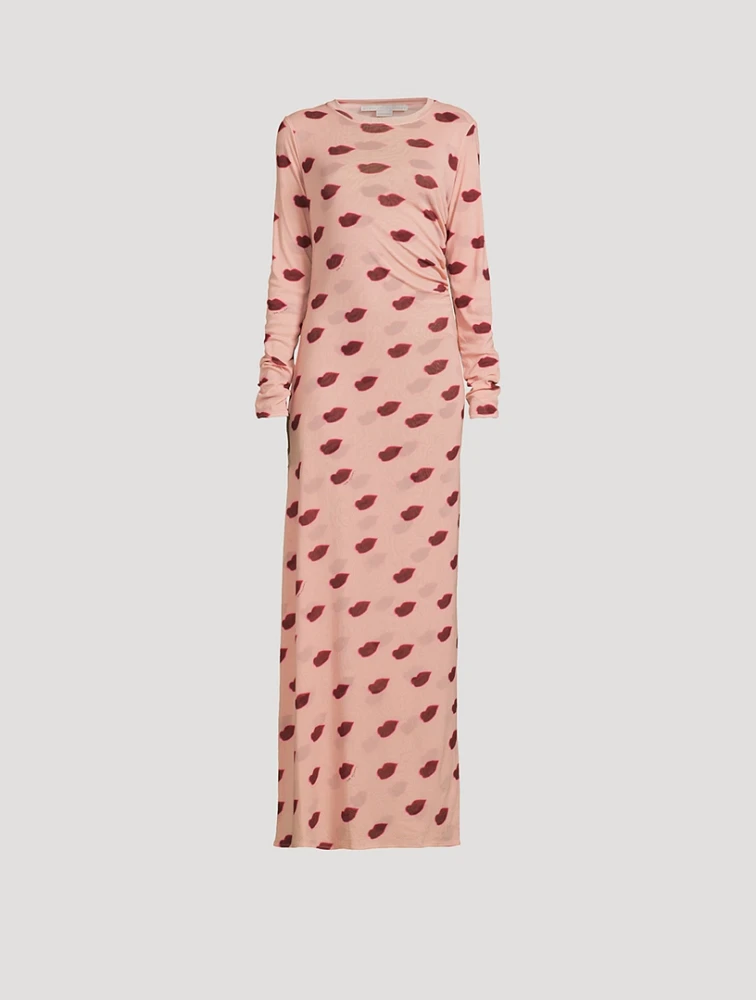 Mesh Maxi Dress Lips Print