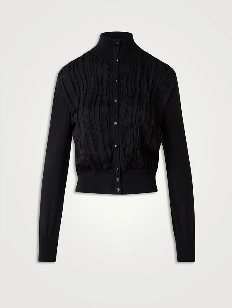 Wool Silk Chiffon-Front Cardigan