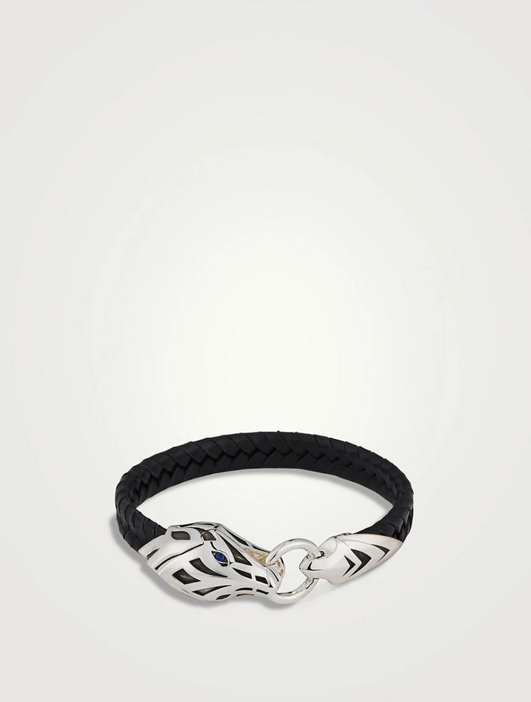 Naga Sterling Silver And Leather Bracelet With Blue Sapphire
