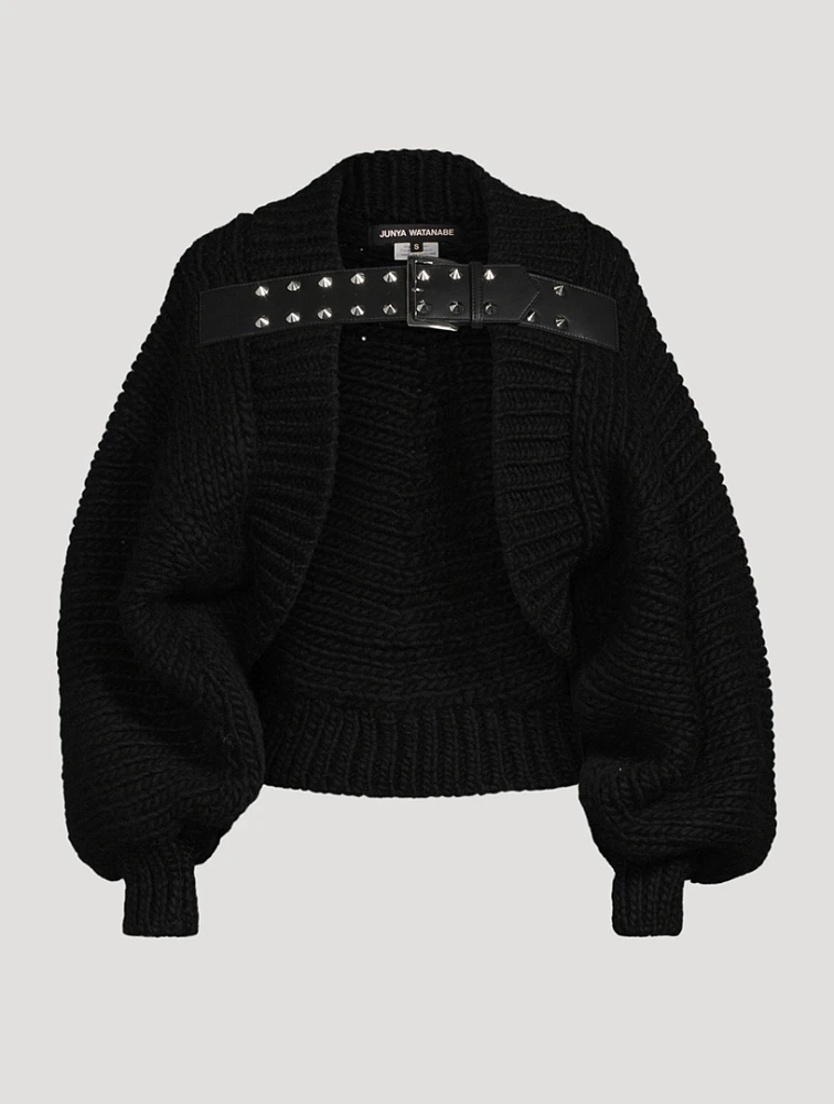 Puff-Sleeve Wool Cardigan With Buckled Strap