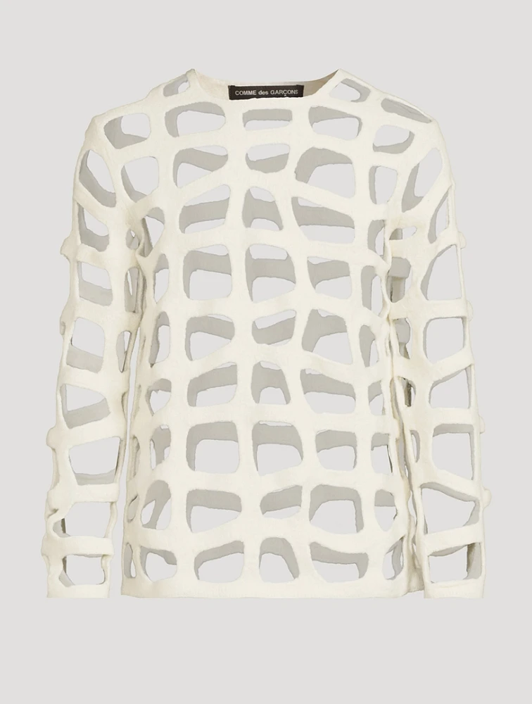 Wool Grid Knit Long-Sleeve Top