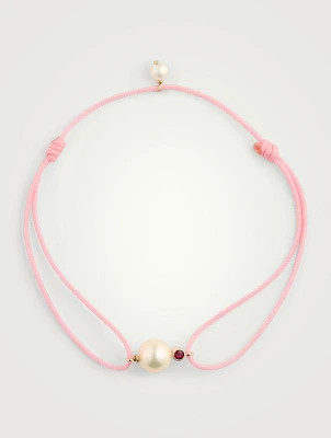 Cord And 14K Gold Bracelet With Pearls And Ruby