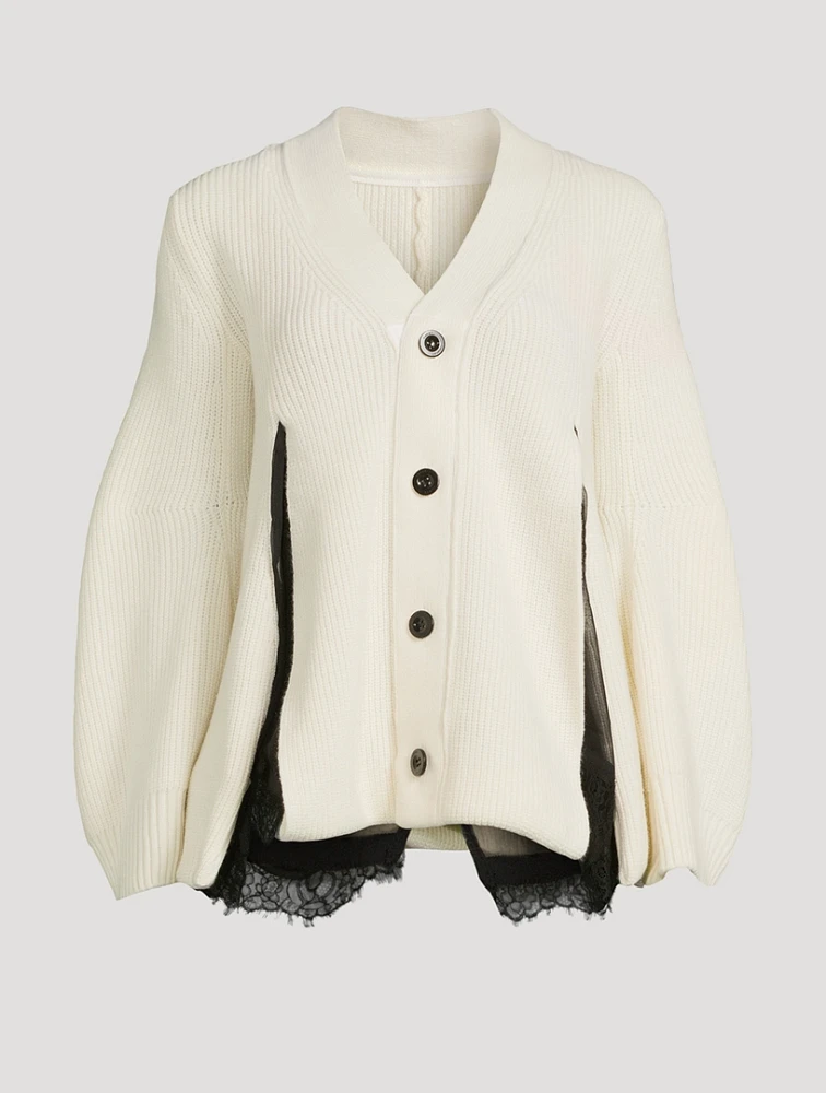 Ribbed Cardigan With Chiffon Panels