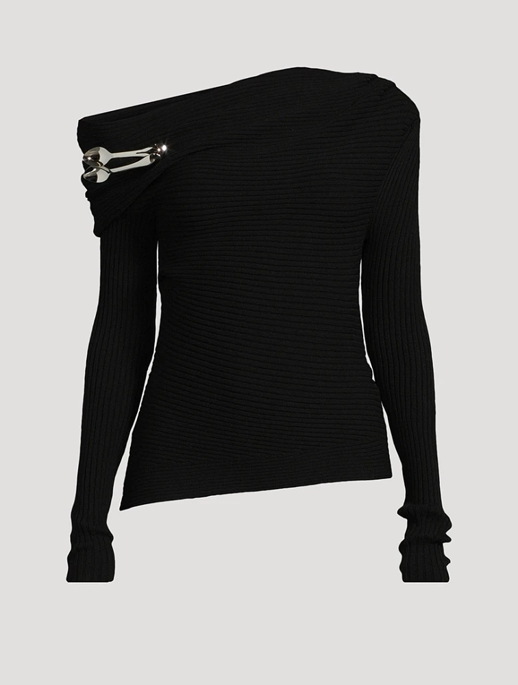 Off-The-Shoulder Ribbed Top With Spoon Brooch