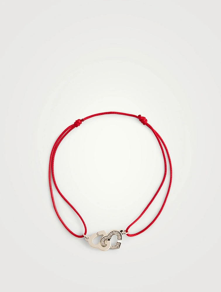 Double Cœurs R9 Satin Cord And White Gold Bracelet With Diamonds