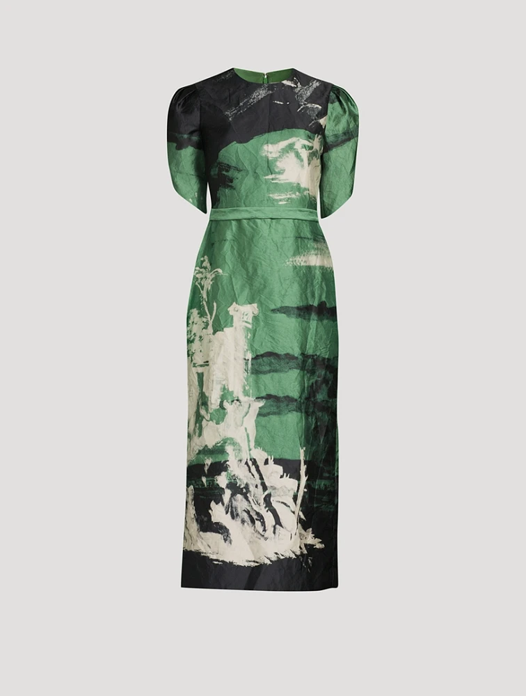 Tulip-Sleeve Midi Dress Amneris Painting Print