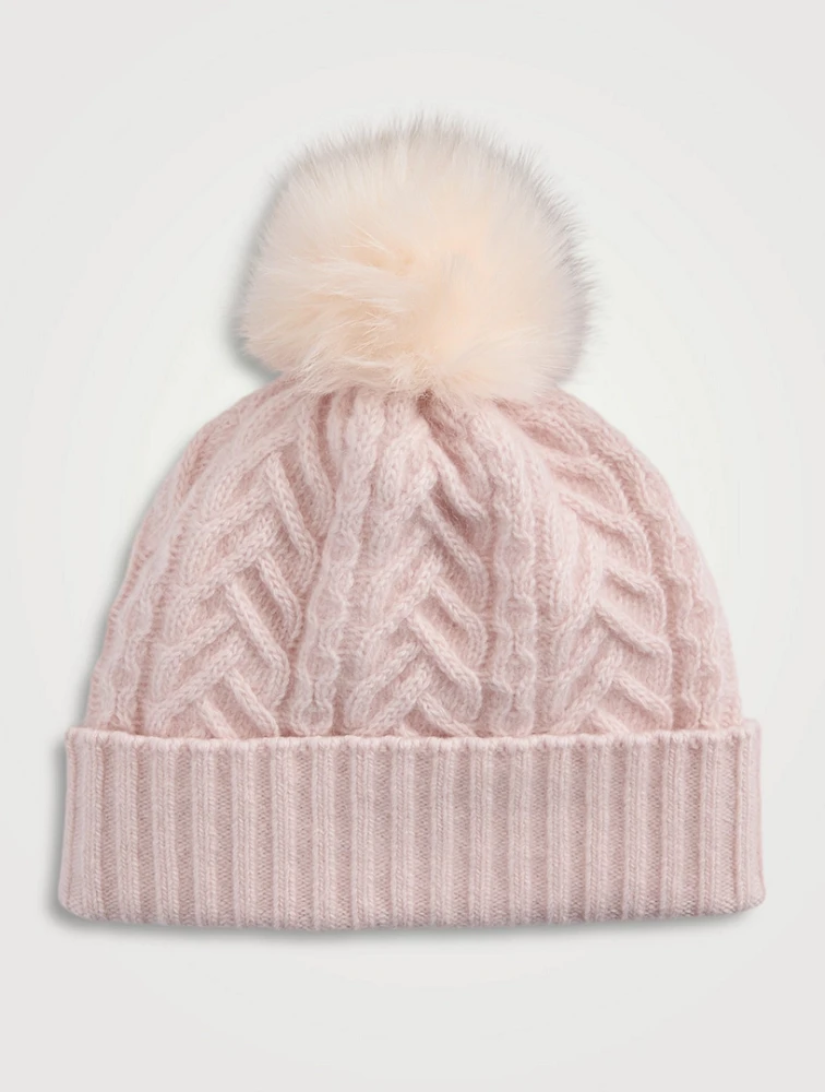 Cashmere Fisherman Knit Toque With Faux Fur Pom Pom