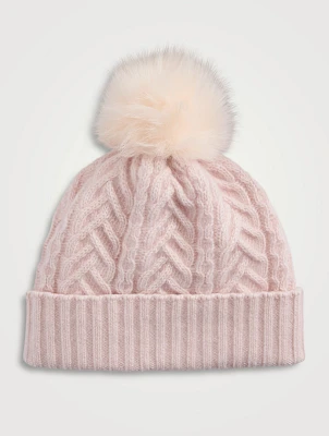 Cashmere Fisherman Knit Toque With Faux Fur Pom Pom