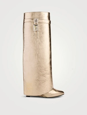 Shark Lock Metallic Leather Knee-High Boots
