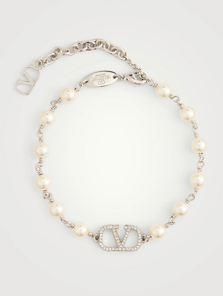 VLogo And Faux Pearl Chain Bracelet