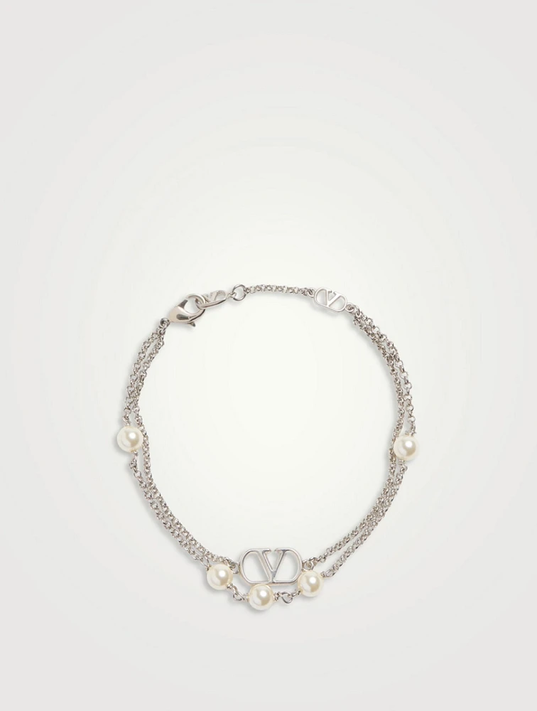 VLogo And Faux Pearl Double-Chain Bracelet